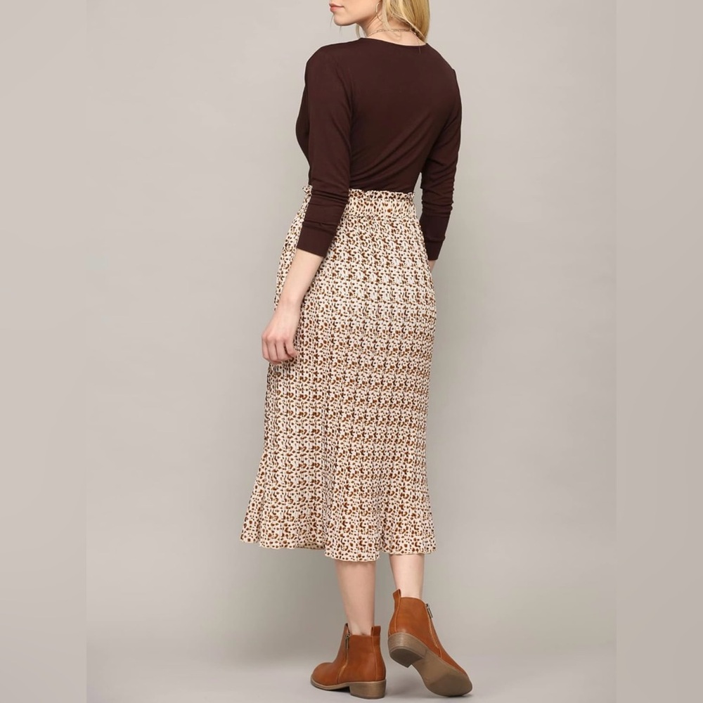 High Waist Polka Dot Pleated Midi Swing Skirt with Pockets -white/camel - Picture 2 of 6
